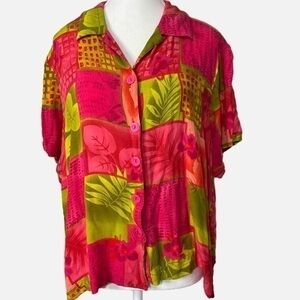 C.M. Shapes Vintage‎ Bright Pink Floral Short Sleeve Button Down Shirt